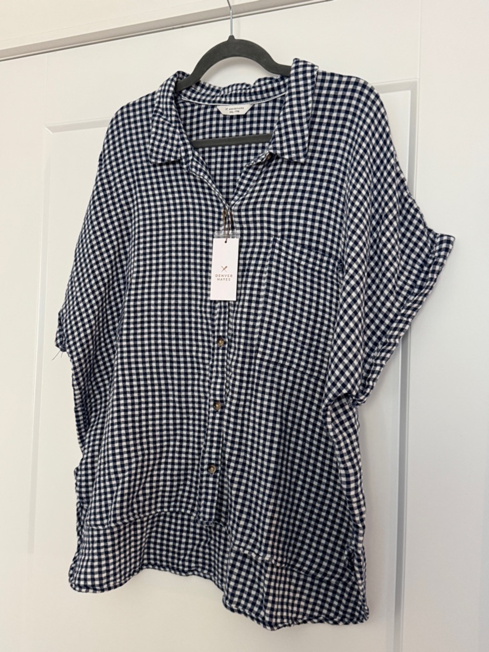 Denver Hayes Navy and White Gingham Short Sleeve Button Front Top